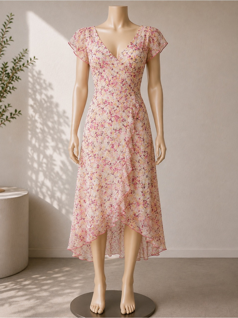AGB Y2K Floral Sheer Overlay Ruffle Dress Size 6 90s Vintage